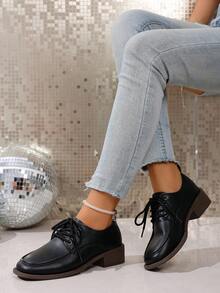 Solid Color Preppy School Style Lace-Up Office High Heel Shoes, Non-Slip Thick Heel Square Toe Shoes, Simple Fashion Sexy Comfortable Low Price Casual Loafers, Country Outdoor Ladies High Heel Shoes, Dance Shoes, Fashion Shoes