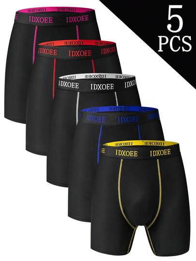 5pcs Men's Comfy Skinny Fit Long's Underwear, With Contour Bands, Long Boxer Underwear Suitable For Spring Sports And Daily Casual Wear- Soft, Lightweight, Moisture-Wicking. Suitable For Participating In Various Outdoor Activities. Men's Underwear.