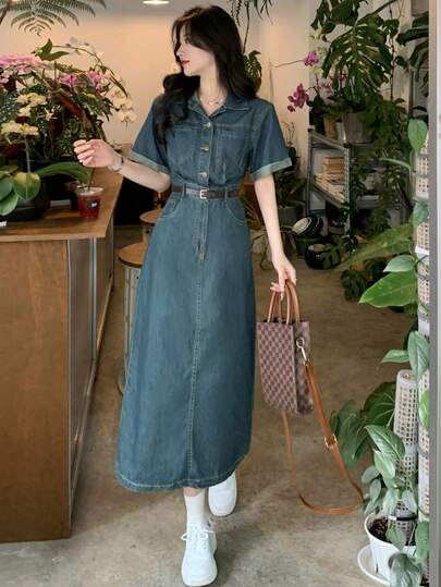 Women's Mid-Length Blue Wash Denim Dress. Loose Casual, Elegant, And Fashionable. Slimming Effect. A Must-Have For Everyday Wear.