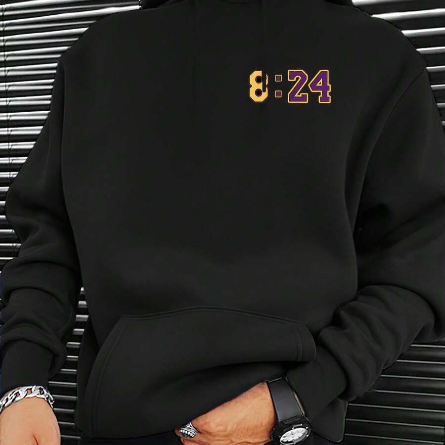 Hoodie 8: 24 Printed  Pocket Hoodie Casual Long Sleeve Hoodie Pullover Men's Tops, For Fall And Winter, Machine Wash - Black - View 1