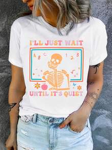 [Camiseta de guitarra humorística] Camiseta de manga corta casual para mujer con estampado geométrico colorido | "Esperaré hasta que esté tranquilo" Camiseta gráfica con esqueleto tocando la guitarra, cuello redondo, top de verano, lavable a máquina, idea de regalo para maestros, camiseta de guitarra, ropa humorística, diseño juguetón, tela de estiramiento medio - Atuendo del Día de San Patricio - Atuendos de verano para mujer - Tops de verano - Atuendos de vacaciones para mujer - Blanco - Ver 2