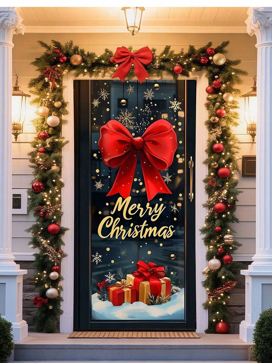 1 pièce/Bannière de porte thème Noël élégante, polyester durable avec un grand nœud rouge, 90 cm x 180 cm, Joyeux Noël, lettrage doré, éléments de boîte-cadeau et de flocons de neige, style classique des fêtes. Décoration suspendue en polyester, convient pour les porches de Noël, les décorations de porte de maison pour les fêtes, les fêtes d'hiver et les décors de photo de Noël.