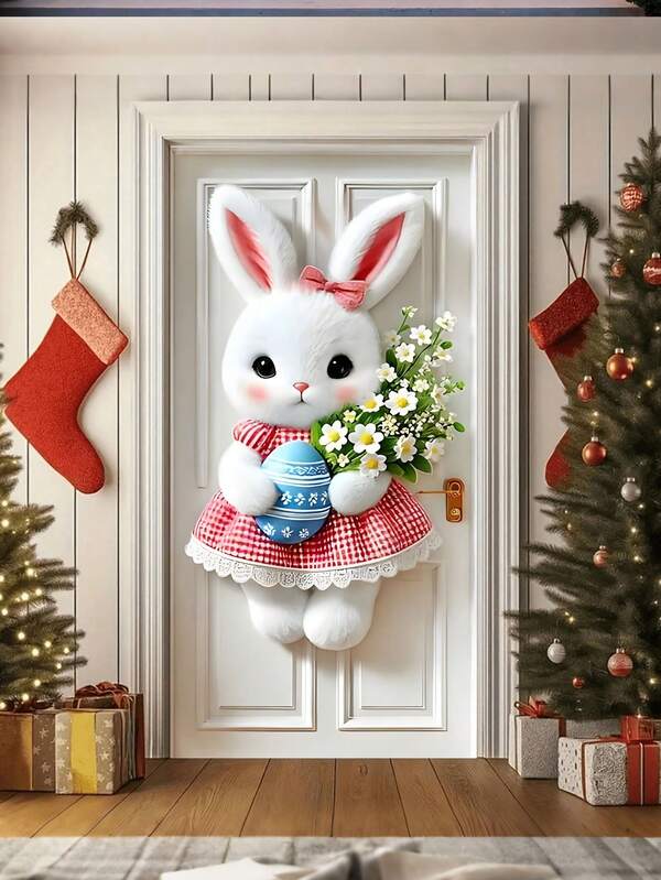 1 fanion de porte thème de Noël avec un lapin, en polyester, avec un lapin blanc portant un nœud rose et une jupe à carreaux rouges et blancs, tenant un œuf de Pâques rayé bleu et un petit bouquet blanc. Décoration suspendue polyester amusante et idyllique pour les portes d'entrée de Noël, les maisons de vacances, les vérandas d'hiver et les célébrations de Pâques.