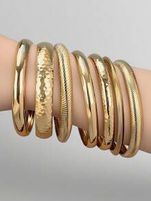 7 Pcs Chunky Wheels Metal Cuff Bangles Bracelets Set , Women Bracelets Set , Stacked Bangles Jewelry For Women , Chunky Wheels Cuffs Bangle Set - Gold - View 1