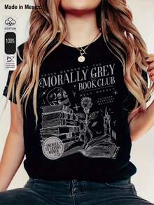 1 camiseta unisex de corte holgado con estampado Estilo de ilustración realista Camiseta negra con gráficos blancos Lema PROUD MEMBER OF THE MORALLY GREY BOOKCLUB Perfecta para las vacaciones de verano, Halloween, el Día de la Independencia de México y más. - Negro - Ver 1