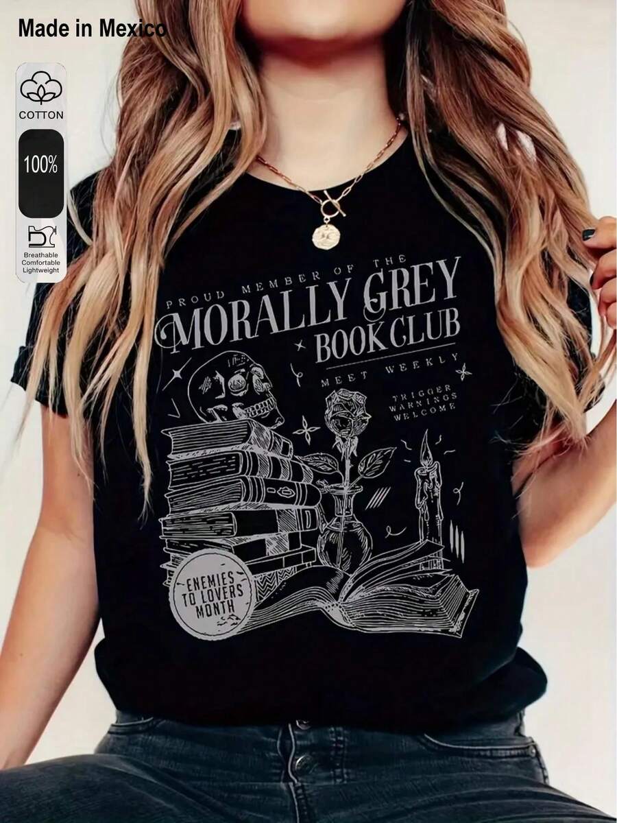 1 camiseta unisex de corte holgado con estampado Estilo de ilustración realista Camiseta negra con gráficos blancos Lema PROUD MEMBER OF THE MORALLY GREY BOOKCLUB Perfecta para las vacaciones de verano, Halloween, el Día de la Independencia de México y más. - Negro - Ver 1