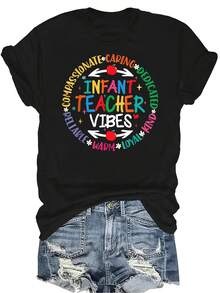 Camiseta de mujer y unisex de manga corta, cuello redondo, casual, transpirable y de personalidad, con el texto "Infant Teacher Vibes Daycare Provider Teacher Assistant Team", adecuada para adolescentes y adultos - Negro - Ver 1