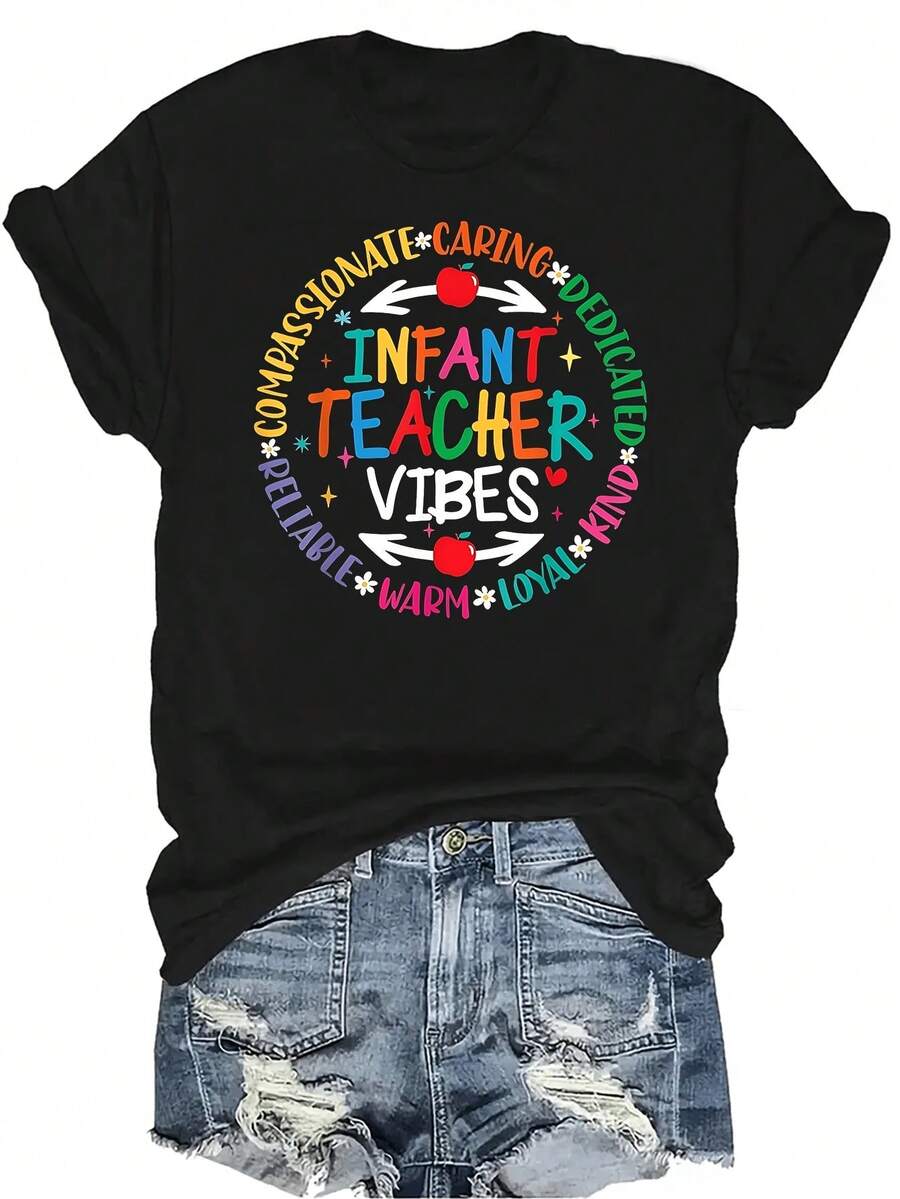 Camiseta de mujer y unisex de manga corta, cuello redondo, casual, transpirable y de personalidad, con el texto "Infant Teacher Vibes Daycare Provider Teacher Assistant Team", adecuada para adolescentes y adultos - Negro - Ver 1