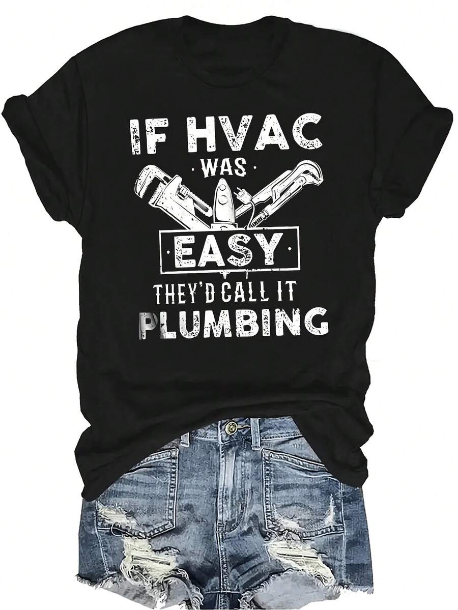 Camiseta de técnico de HVAC, Impresión de letras creativas Camiseta de mujer unisex de verano casual, transpirable, de personalidad, cuello redondo, manga corta, ropa de calle, versátil, adecuada para adolescentes y adultos - Negro - Ver 1