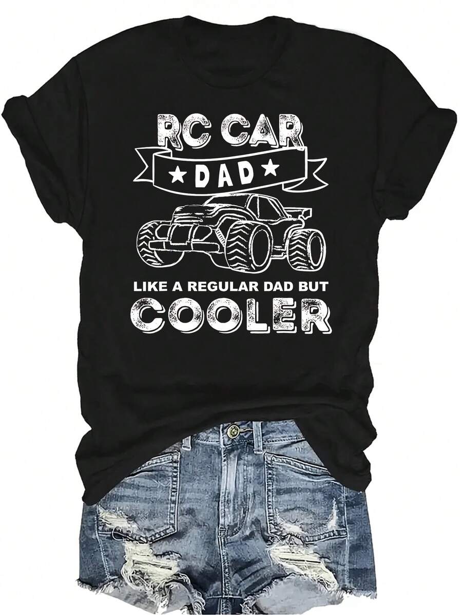 Camiseta de mujer unisex de verano casual y transpirable con cuello redondo y manga corta, con estampado de coche RC, adecuada para adolescentes y adultos - Negro - Ver 1
