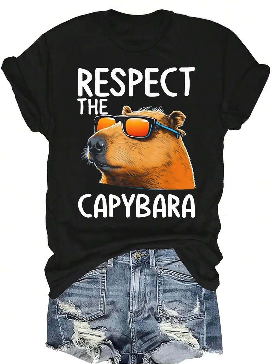 Respeta la camiseta de Capibara para mujer y unisex, de verano, casual, transpirable, con personalidad, cuello redondo, manga corta, ropa de calle, versátil, adecuada para adolescentes y adultos - Negro - Ver 1