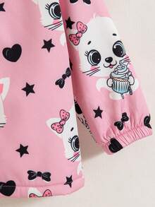 女童休闲户外时尚印花卡通图案常规版型拉链连帽抓绒外套，秋冬季带保暖内衬