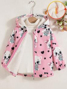 女童休闲户外时尚印花卡通图案常规版型拉链连帽抓绒外套，秋冬季带保暖内衬