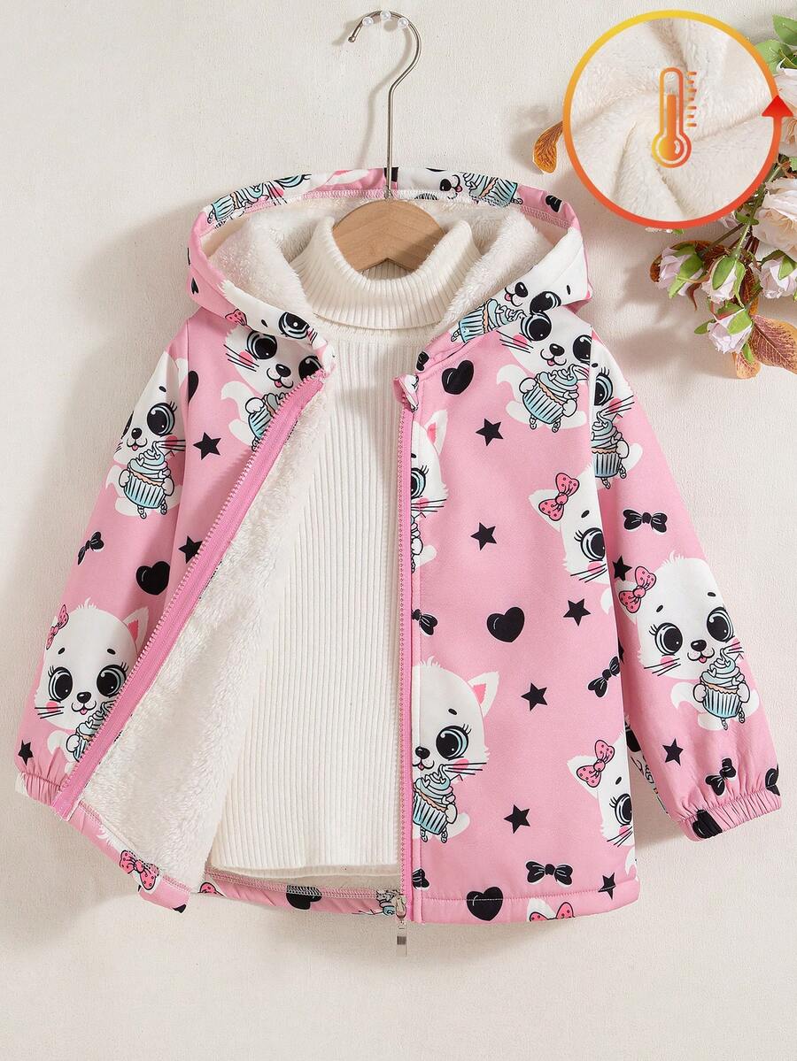 女童休闲户外时尚印花卡通图案常规版型拉链连帽抓绒外套，秋冬季带保暖内衬