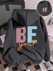 少女字母图案印花保暖卫衣 - 深灰色 - 查看 1