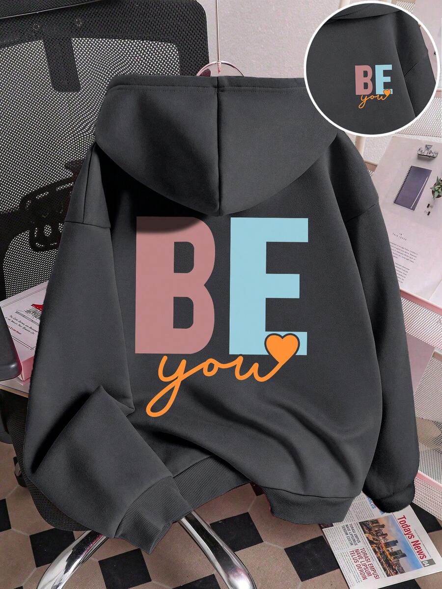 少女字母图案印花保暖卫衣 - 深灰色 - 查看 1