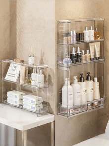 1pc Wall Mounted Bathroom Shelf, Toilet Vanity Organizer Rack, Drill-Free Storage Holder - Clear - View 5