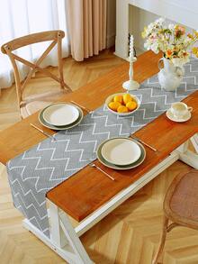 1pc Gray Geometric Wave Pattern Table Runner, Bohemian Minimalist Style, Machine Washable, Suitable For Sideboard, Shoe Cabinet, Cabinet Cover, Kitchen, Dining Room, Dining Gathering, Picnic, BBQ, Camping, Outdoor, Holiday, Party Decor, Home Decor, All Seasons, Autumn Decor