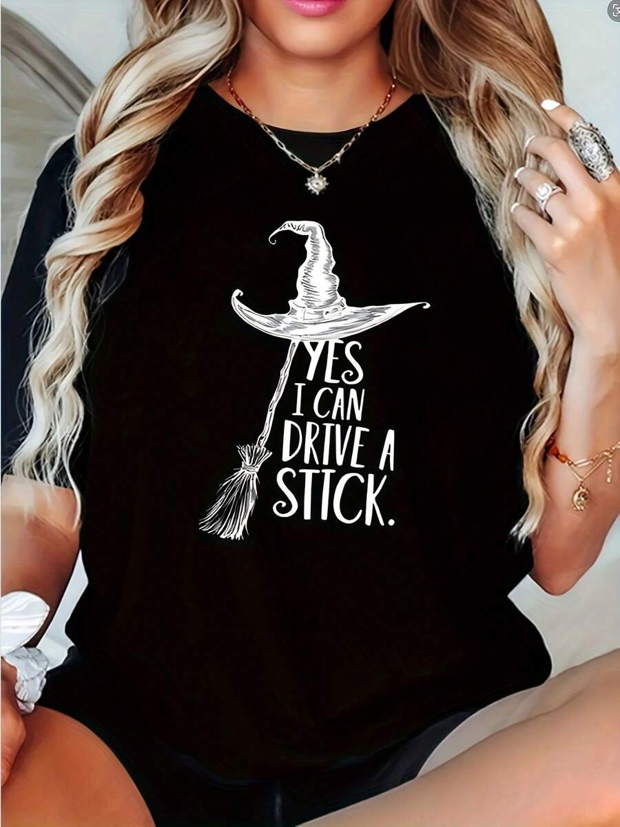 Camiseta Mujer Manga Corta estampaño Grafico HALLOWEEN escoba bruja texto "yes I can drive a stick" estilo americano moderno juvenil Cuello Redondo Estilo Moderno Casual - Negro - Ver 1