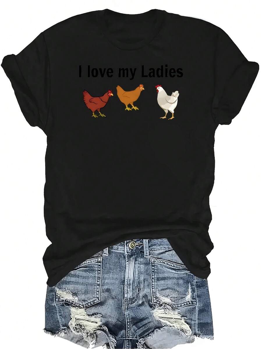 Amo a mis damas y camiseta de pollo Camiseta de mujer unisex de verano casual, transpirable, de personalidad, cuello redondo, manga corta, ropa de calle, versátil, adecuada para adolescentes y adultos - Negro - Ver 1