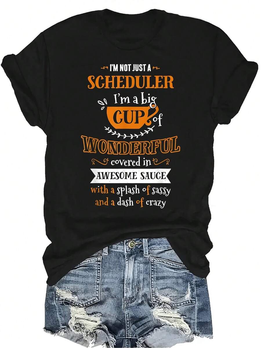 Camiseta de mujer y unisex de manga corta, cuello redondo, de verano, casual, transpirable y con personalidad "Inked Cr Scheduler Big Cup Of Awesome Sassy Classy", adecuada para adolescentes y adultos - Negro - Ver 1