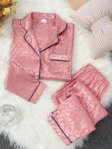 2pcs Girls Leopard Print Satin Comfortable Lapel Cardigan And Pants Pajama Set - Pink - View 3