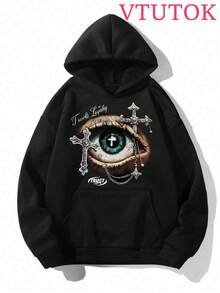 (2PC)Men's Casual Printed Hoodie And Sweatpants Set, Autumn And Winter Men's Sportswear, Men's Fashion  Sportswear With Printed  American Fashion  Patterns,Religious Faith Eyes - 黑色 - 查看 3