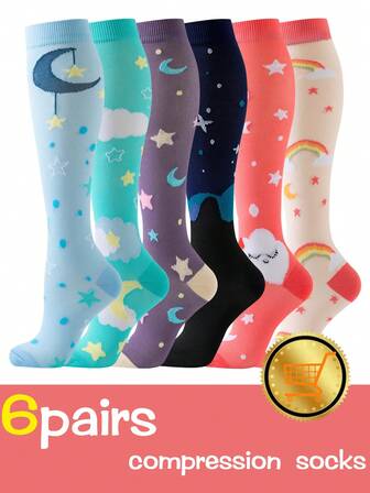 6 pares de calcetines de compresión con diseño de luna y estrella para mujeres y hombres, calcetines de compresión transpirables hasta la rodilla para mujeres, deportes, médicos, enfermeras, para correr, ciclismo, senderismo, regalo de cumpleaños, medias de compresión, nuevo diseño 2026
