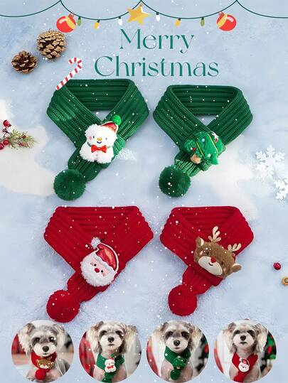 Christmas Pet Scarf, Featuring Elements Such As Christmas Tree, Santa Claus, Snowman, And Elk. Winter Protection Scarf For Cats And Dogs In Autumn And Winter. Christmas Decorations, Christmas Pet Costumes, Pet Winter Protection Scarf