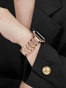 玫瑰金不锈钢镶钻表带，兼容苹果手表，尺寸包括 42mm、38mm、40mm、41mm、44mm、45mm、46mm 和 49mm，时尚智能手表替换表带，适用于 Ultra2、Ultra SE2、SE 11、10、9、8、7、6、5、4、3、2、1 等型号，是返校学生的理想礼物 - 玫瑰金 - 查看 12