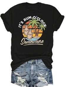 Es la hora del ron en alguna parte - Camiseta de ron divertida para mujer y unisex, de verano, casual, transpirable, con personalidad, de cuello redondo, de manga corta, ropa de calle, versátil, adecuada para adolescentes y adultos - Negro - Ver 1