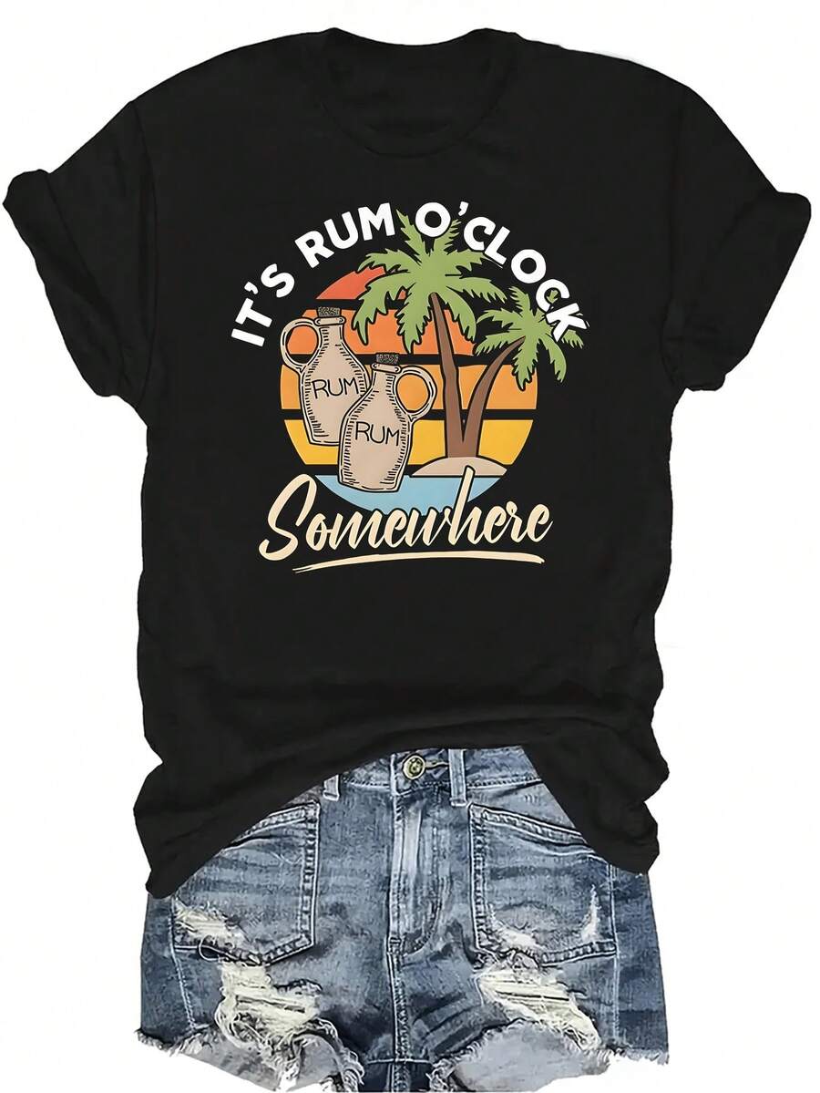 Es la hora del ron en alguna parte - Camiseta de ron divertida para mujer y unisex, de verano, casual, transpirable, con personalidad, de cuello redondo, de manga corta, ropa de calle, versátil, adecuada para adolescentes y adultos - Negro - Ver 1