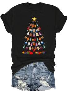 Camiseta de árbol de Navidad con guitarra rock para mujer y unisex, de verano, casual, transpirable, de personalidad, de cuello redondo, de manga corta, de uso versátil, adecuada para adolescentes y adultos - Negro - Ver 1