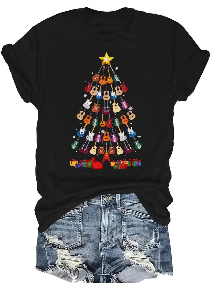 Camiseta de árbol de Navidad con guitarra rock para mujer y unisex, de verano, casual, transpirable, de personalidad, de cuello redondo, de manga corta, de uso versátil, adecuada para adolescentes y adultos - Negro - Ver 1