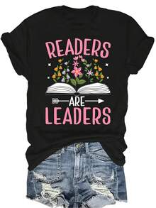 Camiseta para mujeres y unisex de lectores, amantes de los libros y bibliotecarios, con mensaje "Los lectores son líderes", de estilo casual y transpirable, de cuello redondo y manga corta, adecuada para adolescentes y adultos - Negro - Ver 1