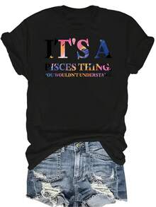 Camiseta "This Is Pisces Stuff" para mujer y unisex, de verano, casual, transpirable, con personalidad, cuello redondo, manga corta, ropa de calle, versátil, adecuada para adolescentes y adultos - Negro - Ver 1