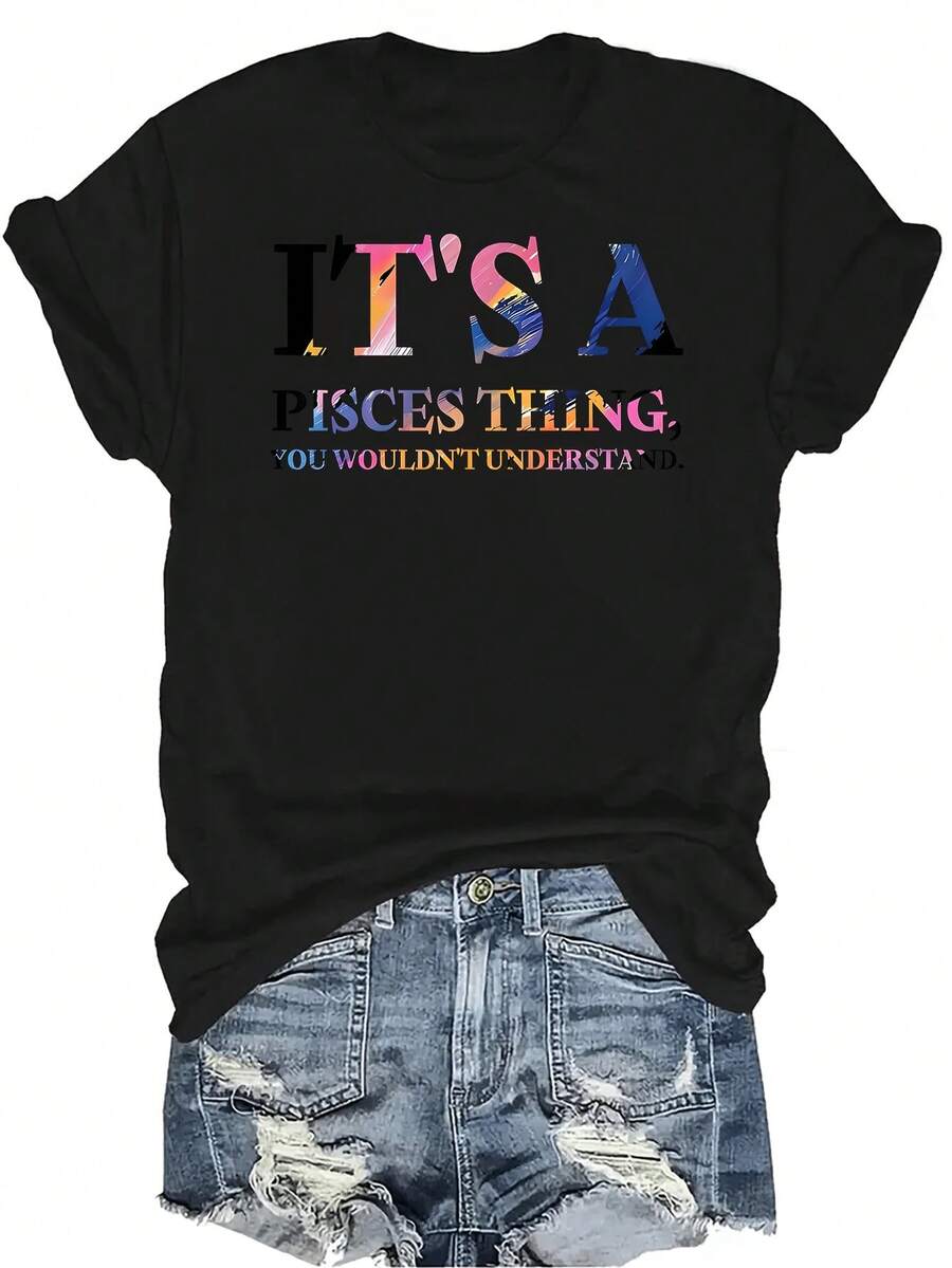 Camiseta "This Is Pisces Stuff" para mujer y unisex, de verano, casual, transpirable, con personalidad, cuello redondo, manga corta, ropa de calle, versátil, adecuada para adolescentes y adultos - Negro - Ver 1