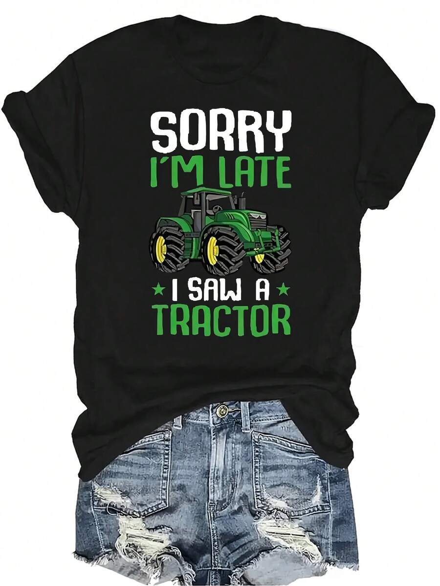 Camiseta de tractor para mujer y unisex, de verano, casual, transpirable, con cuello redondo, manga corta, estilo urbano y versátil, adecuada para adolescentes y adultos - Negro - Ver 1