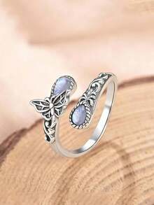 1 anel ajustável de pedra da lua com gota d'água, joia estilo boêmio adequada para uso diário (padrão aleatório)