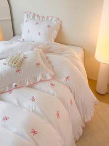3pcs Ruffled Embroidered Bowknot Duvet Cover Set, Extra Large Size, Soft Fabric, With Zipper & Tie, Suitable For Girls Bedroom Decor, Breathable & Easy Care - White - View 5