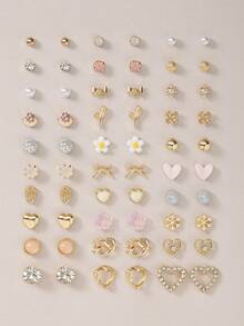 30 Pairs Assorted Cute Pink Bow, Faux Pearl And Rhinestone Flower Earring Set For Women, Daily Wear Jewelry, Holiday Gift