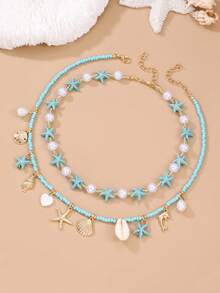 2 件套贝壳和海星串珠项链，适合女孩，适合节日和日常佩戴 - 彩色 - 查看 6