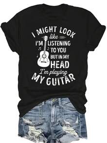 Podría parecer que te estoy escuchando. Camiseta divertida de guitarra para mujer, unisex, de verano, casual, transpirable, con personalidad, de cuello redondo, de manga corta, ropa de calle, versátil, adecuada para adolescentes y adultos - Negro - Ver 1
