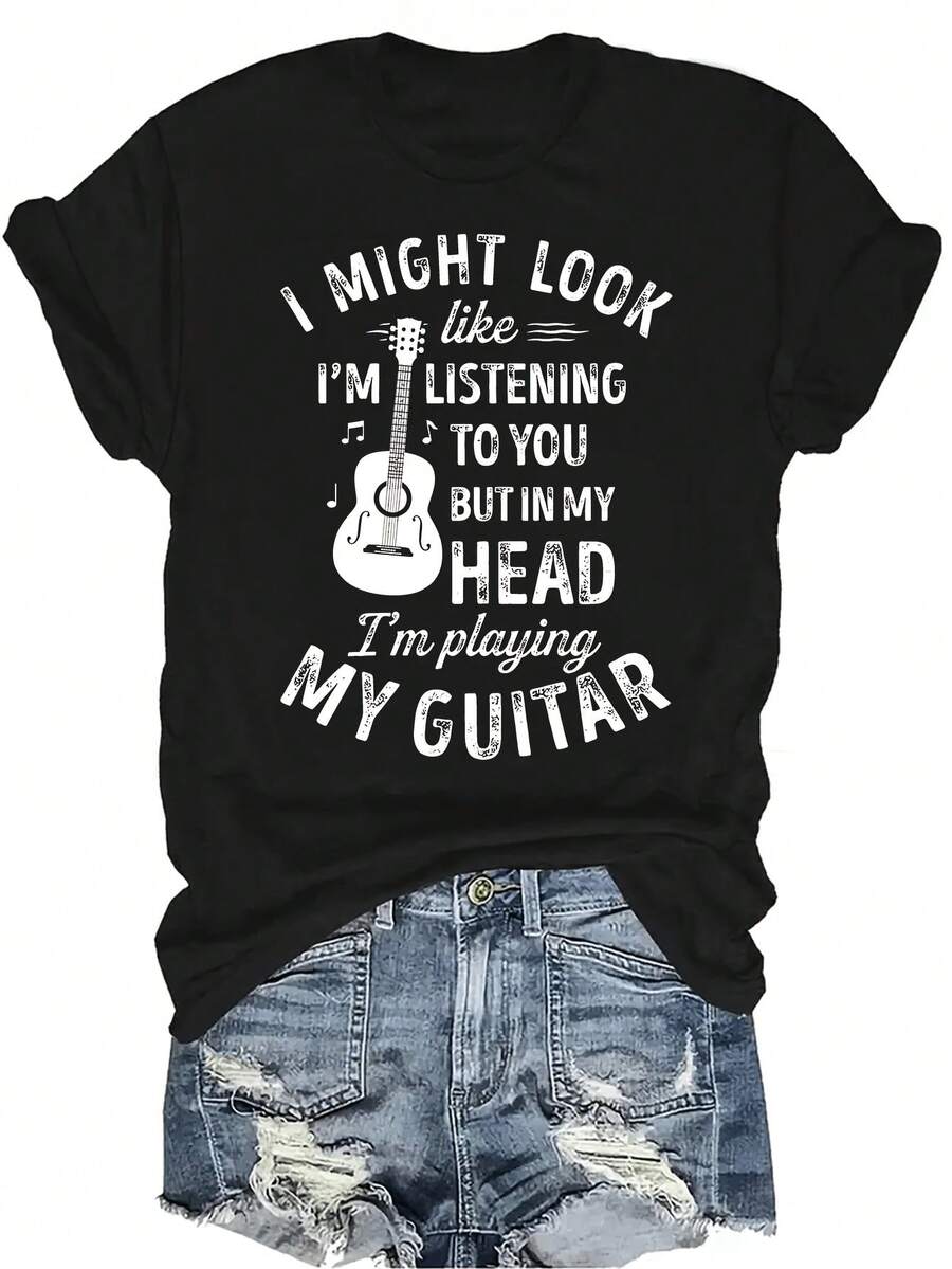 Podría parecer que te estoy escuchando. Camiseta divertida de guitarra para mujer, unisex, de verano, casual, transpirable, con personalidad, de cuello redondo, de manga corta, ropa de calle, versátil, adecuada para adolescentes y adultos - Negro - Ver 1