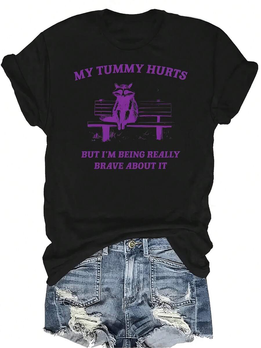 Mi estómago me duele pero estoy siendo valiente al respecto Camiseta para mujer Unisex Verano Casual Transpirable Personalidad Cuello redondo Manga corta Camiseta Ropa de calle Versátil, Adecuado para adolescentes y adultos - Negro - Ver 1