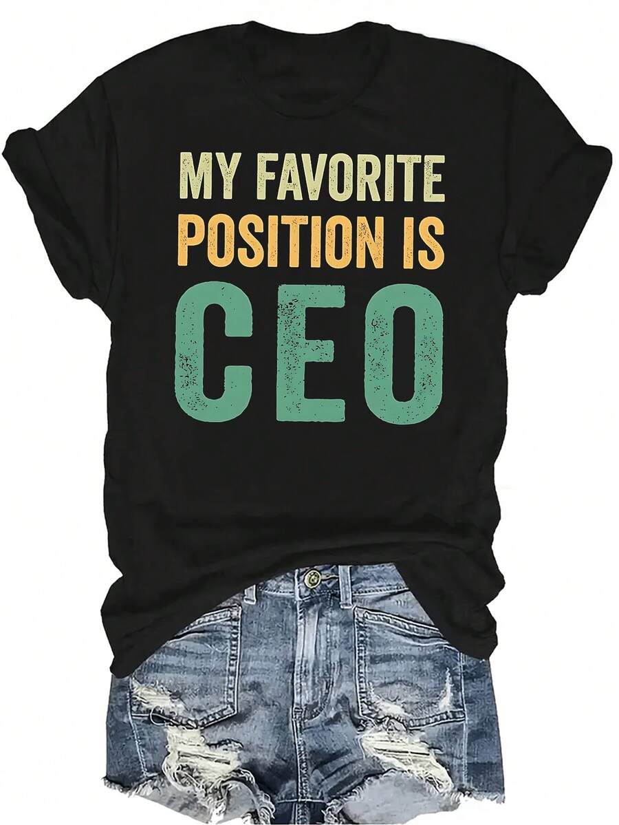 Mi posición favorita es CEO Camiseta para mujer Unisex Verano Casual Transpirable Personalidad Cuello redondo Manga corta Camiseta Ropa de calle Versátil, Adecuado para adolescentes y adultos - Negro - Ver 1
