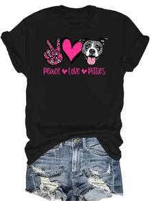 Camiseta "Peace Love Dog" para mujer y unisex, de verano, casual, transpirable, con personalidad, cuello redondo, manga corta, ropa de calle, versátil, adecuada para adolescentes y adultos - Negro - Ver 1