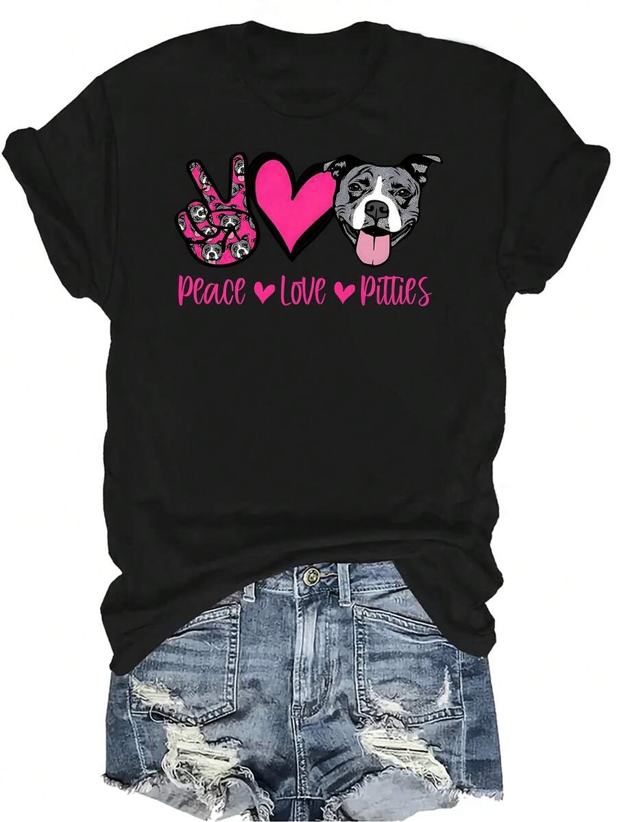 Camiseta "Peace Love Dog" para mujer y unisex, de verano, casual, transpirable, con personalidad, cuello redondo, manga corta, ropa de calle, versátil, adecuada para adolescentes y adultos - Negro - Ver 1