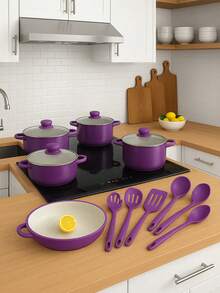Set de cocina antiadherente 13 piezas sartenes y utensilios modernos para cocinar set completo antifugas antiadherente fácil de limpiar resistente horno sartén ollas cucharas accesorio cocina hogar - Multicolor - Ver 3