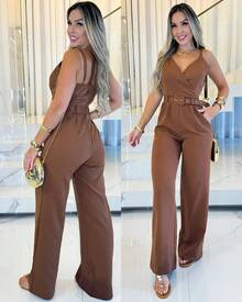 Women's Long Jumpsuit Tailored Pantaloons With Belt - Rust Brown - View 1
